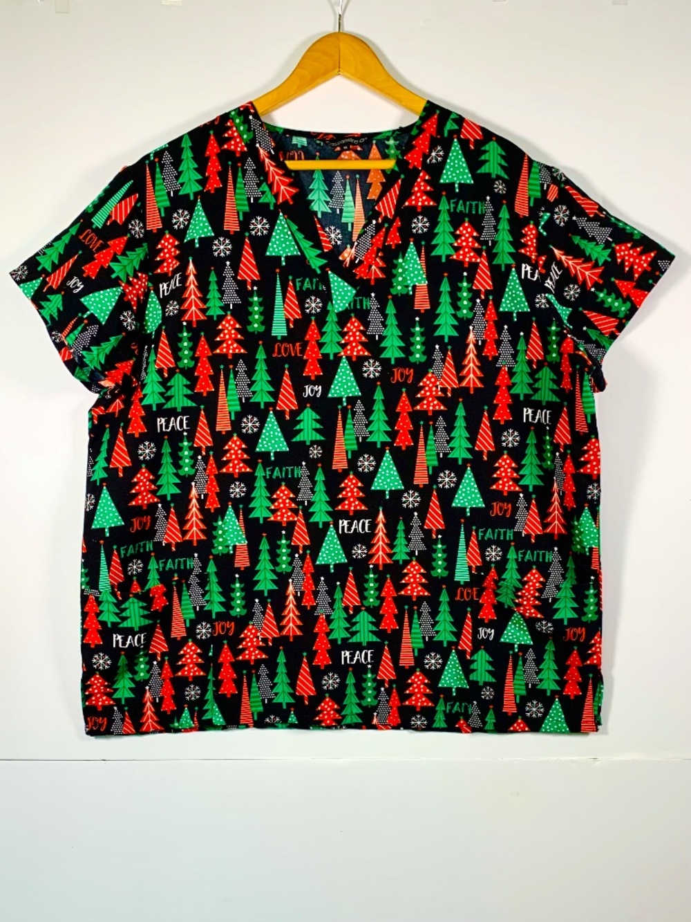 Cassandra O Christmas Tree Snowflake Nursing Scrub Top V-Neck Festive Black Red